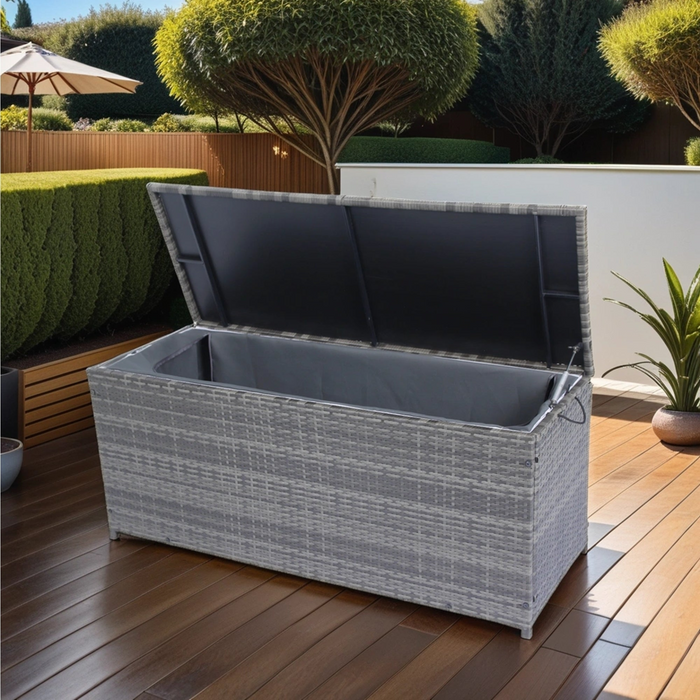 Outdoor Storage Box, 113 Gallon Wicker Patio Deck Boxes with Lid - Grey Wicker