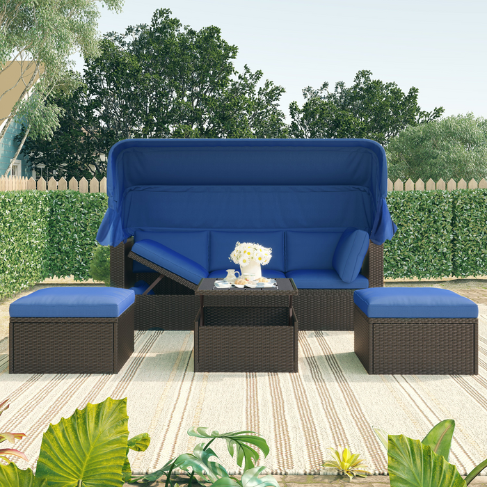 Outdoor Patio Rectangle Daybed with Retractable Canopy,  Wicker Furniture Sectional Seating with Washable Cushions, Backyard, Porch