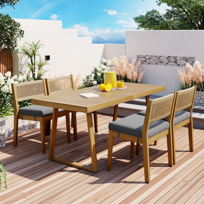 Multi-person Outdoor Acacia Wood Dining Table and Chair Set with Thick Cushions