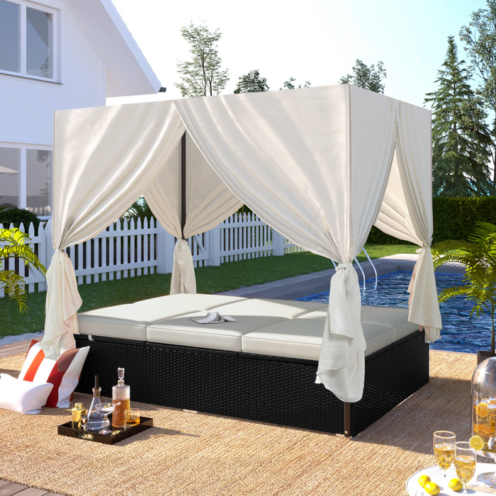 Outdoor Patio Wicker Sunbed Daybed with Adjustable Cushions and Canopy, Weather-Resistant PE Rattan, Ideal for Garden, Backyard, Poolside, Beige