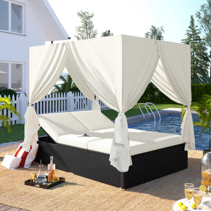 Outdoor Patio Wicker Sunbed Daybed with Adjustable Cushions and Canopy, Weather-Resistant PE Rattan, Ideal for Garden, Backyard, Poolside, Beige