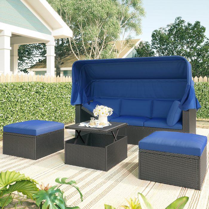 Outdoor Patio Rectangle Daybed with Retractable Canopy,  Wicker Furniture Sectional Seating with Washable Cushions, Backyard, Porch