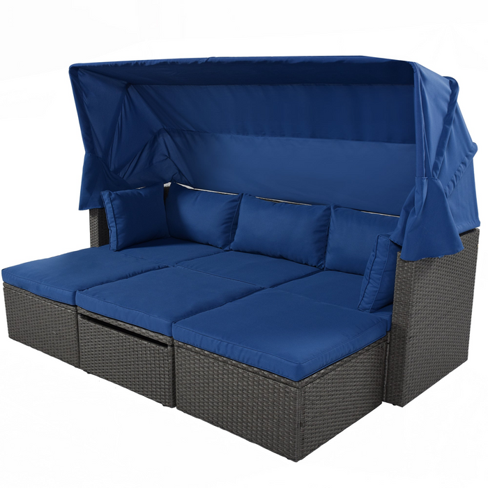 Outdoor Patio Rectangle Daybed with Retractable Canopy,  Wicker Furniture Sectional Seating with Washable Cushions, Backyard, Porch