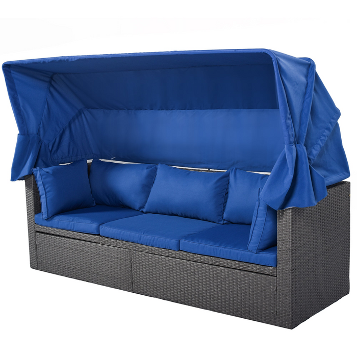 Outdoor Patio Rectangle Daybed with Retractable Canopy,  Wicker Furniture Sectional Seating with Washable Cushions, Backyard, Porch