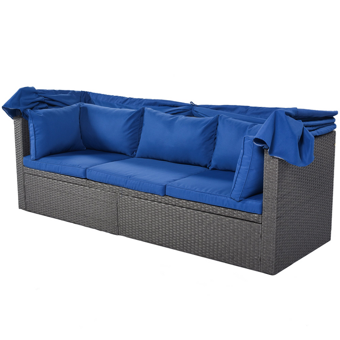 Outdoor Patio Rectangle Daybed with Retractable Canopy,  Wicker Furniture Sectional Seating with Washable Cushions, Backyard, Porch