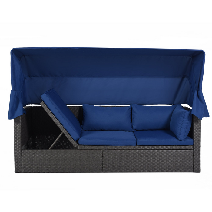 Outdoor Patio Rectangle Daybed with Retractable Canopy,  Wicker Furniture Sectional Seating with Washable Cushions, Backyard, Porch