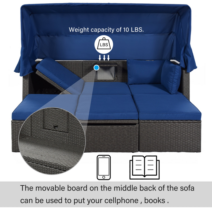 Outdoor Patio Rectangle Daybed with Retractable Canopy,  Wicker Furniture Sectional Seating with Washable Cushions, Backyard, Porch