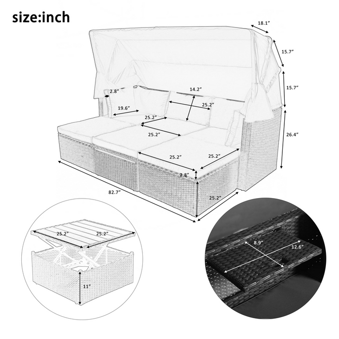 Outdoor Patio Rectangle Daybed with Retractable Canopy,  Wicker Furniture Sectional Seating with Washable Cushions, Backyard, Porch