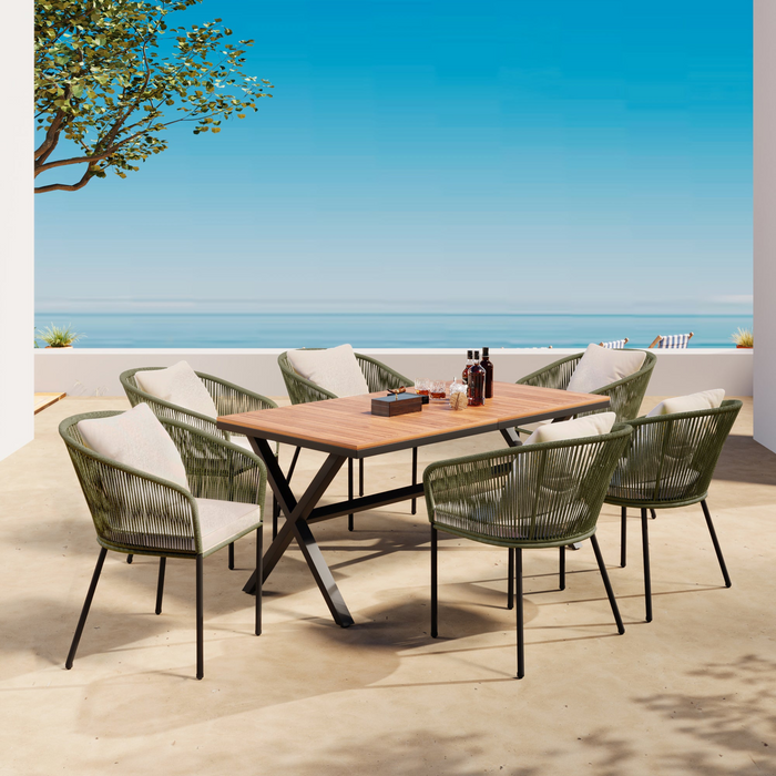 7 Pieces Patio Dining Set, All-Weather Outdoor Furniture Set with Dining Table and Chairs, Acacia Wood Tabletop, Metal Frame, for for Garden, Backyard, Balcony, Green