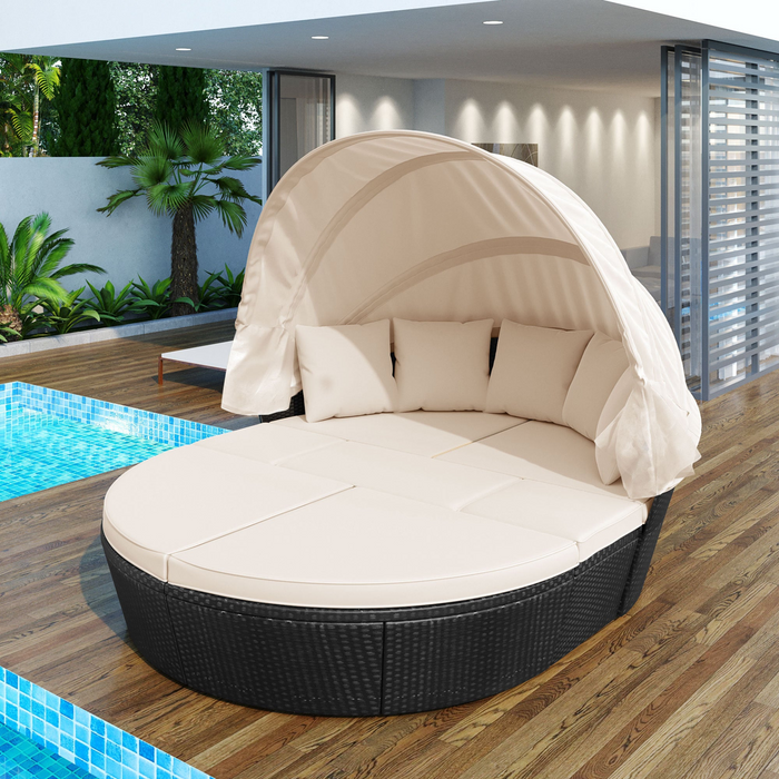 Outdoor Rattan Daybed Sunbed with Retractable Canopy - Beige