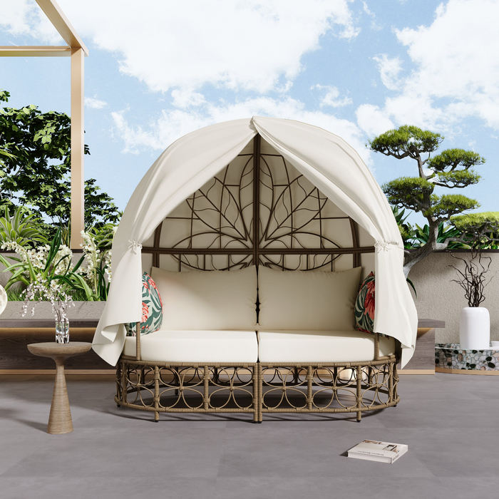 59.8" Outdoor Wicker Patio Daybed with Colorful Pillows and Adjustable Curtain, Beige Cushion