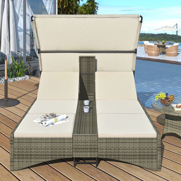 Patio Daybed Outdoor Rattan Sun Lounger with Shelter Roof