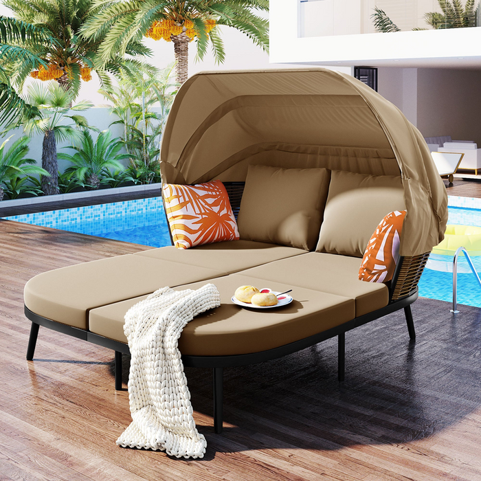 Patio Daybed with Retractable Canopy, Outdoor Rattan Wicker Back Loveseat Sofa Set with Throw Pillows and Cushions for Backyard, Poolside, Garden, Brown