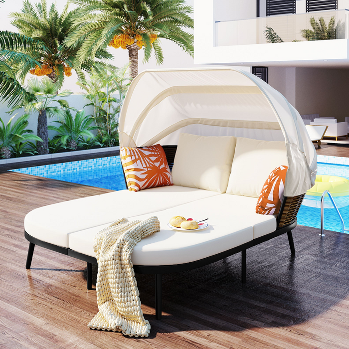 Patio Daybed with Retractable Canopy, Outdoor Rattan Wicker Back Loveseat Sofa Set with Throw Pillows and Cushions for Backyard, Poolside, Garden, Beige