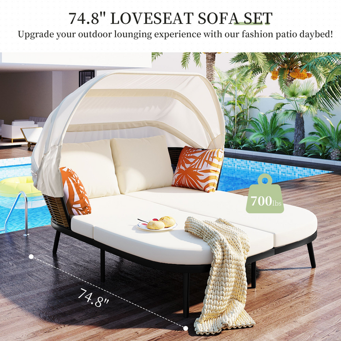 Patio Daybed with Retractable Canopy, Outdoor Rattan Wicker Back Loveseat Sofa Set with Throw Pillows and Cushions for Backyard, Poolside, Garden, Beige