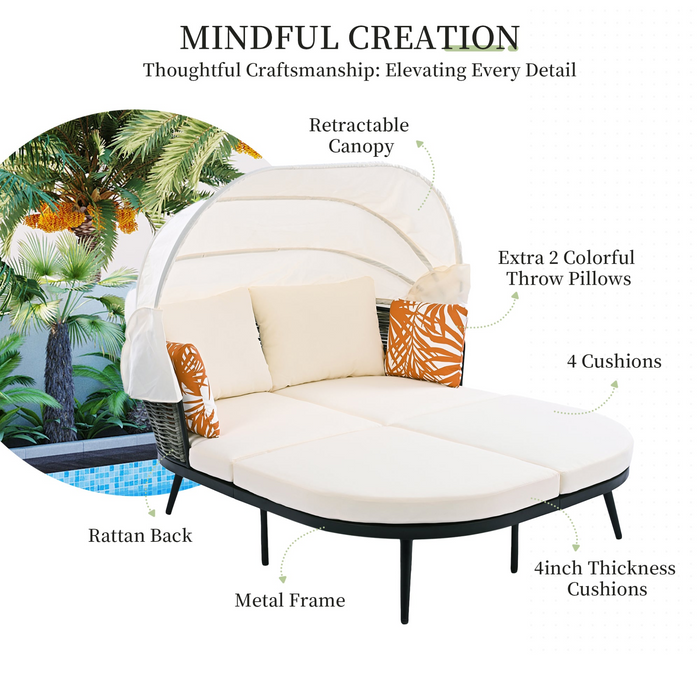 Patio Daybed with Retractable Canopy, Outdoor Rattan Wicker Back Loveseat Sofa Set with Throw Pillows and Cushions for Backyard, Poolside, Garden, Beige