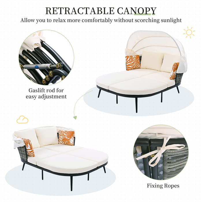 Patio Daybed with Retractable Canopy, Outdoor Rattan Wicker Back Loveseat Sofa Set with Throw Pillows and Cushions for Backyard, Poolside, Garden, Beige