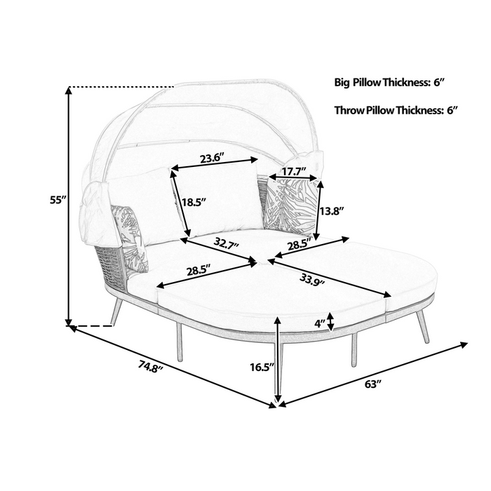 Patio Daybed with Retractable Canopy, Outdoor Rattan Wicker Back Loveseat Sofa Set with Throw Pillows and Cushions for Backyard, Poolside, Garden, Beige