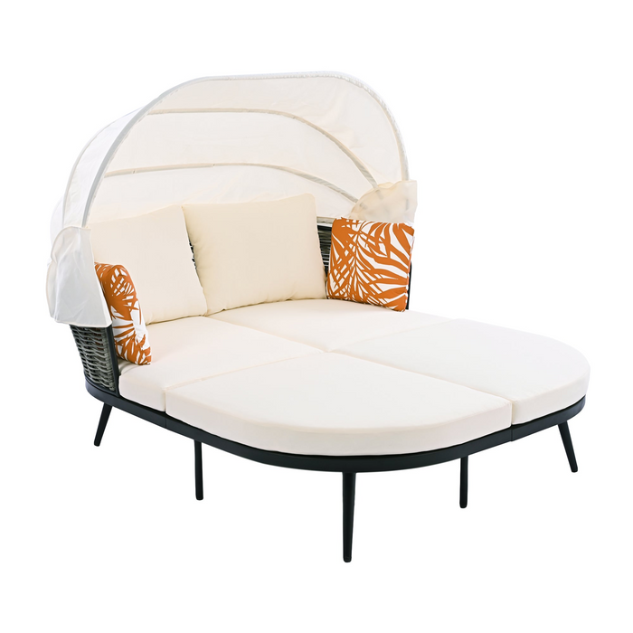 Patio Daybed with Retractable Canopy, Outdoor Rattan Wicker Back Loveseat Sofa Set with Throw Pillows and Cushions for Backyard, Poolside, Garden, Beige