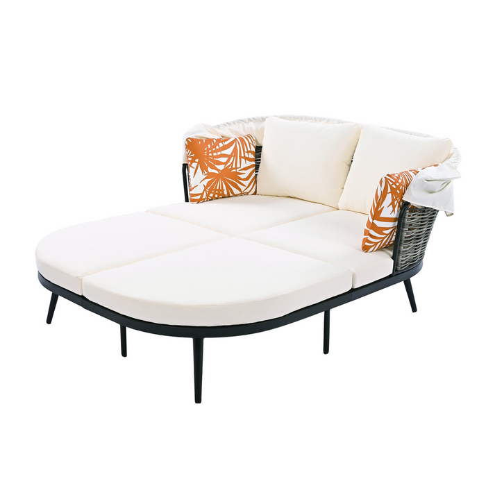 Patio Daybed with Retractable Canopy, Outdoor Rattan Wicker Back Loveseat Sofa Set with Throw Pillows and Cushions for Backyard, Poolside, Garden, Beige