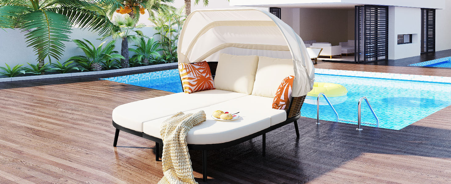 Patio Daybed with Retractable Canopy, Outdoor Rattan Wicker Back Loveseat Sofa Set with Throw Pillows and Cushions for Backyard, Poolside, Garden, Beige