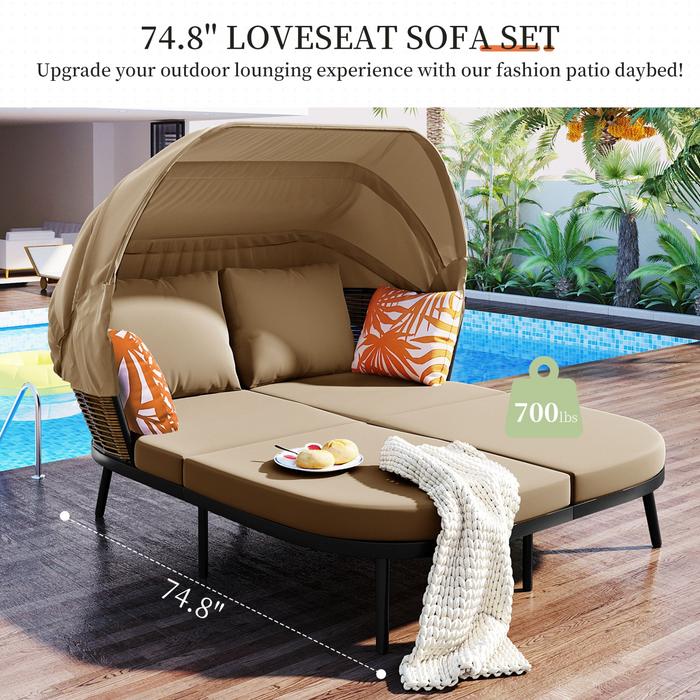 Patio Daybed with Retractable Canopy, Outdoor Rattan Wicker Back Loveseat Sofa Set with Throw Pillows and Cushions for Backyard, Poolside, Garden, Brown