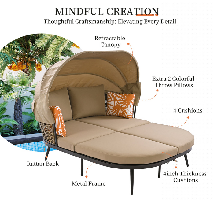 Patio Daybed with Retractable Canopy, Outdoor Rattan Wicker Back Loveseat Sofa Set with Throw Pillows and Cushions for Backyard, Poolside, Garden, Brown