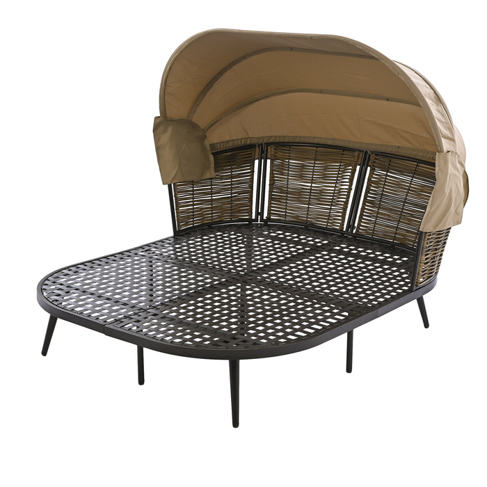 Patio Daybed with Retractable Canopy, Outdoor Rattan Wicker Back Loveseat Sofa Set with Throw Pillows and Cushions for Backyard, Poolside, Garden, Brown