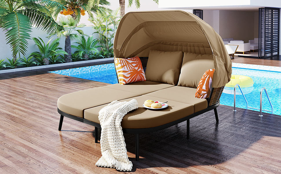 Patio Daybed with Retractable Canopy, Outdoor Rattan Wicker Back Loveseat Sofa Set with Throw Pillows and Cushions for Backyard, Poolside, Garden, Brown