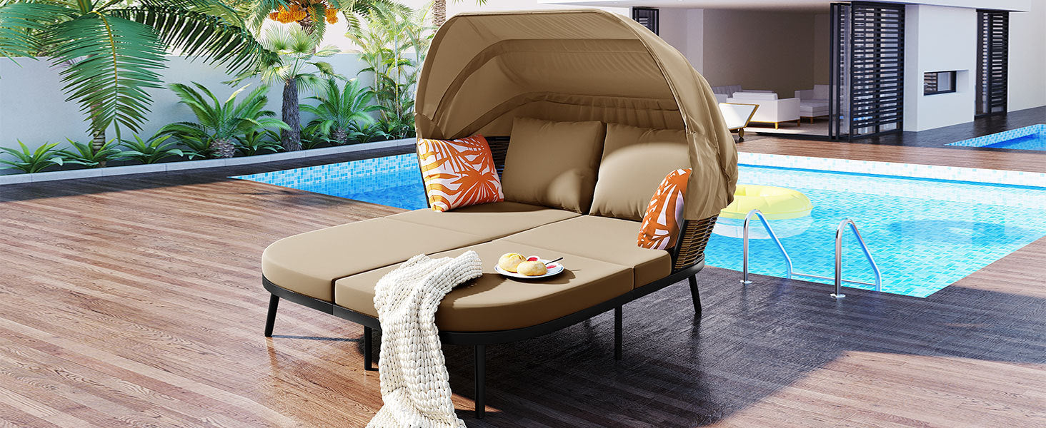 Patio Daybed with Retractable Canopy, Outdoor Rattan Wicker Back Loveseat Sofa Set with Throw Pillows and Cushions for Backyard, Poolside, Garden, Brown