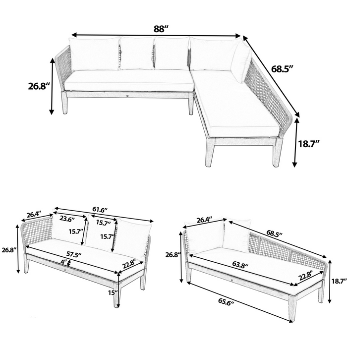 Modern 5-Person Outdoor Seating Group with Cushions Rope Waved Patio Sofa Set for Garden, Lawn, Poolside, L-Shaped, Black+Gray