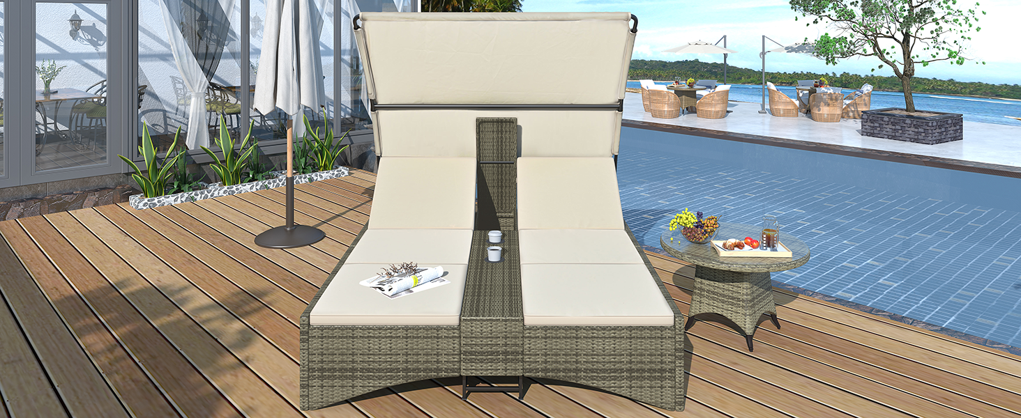 Patio Daybed Outdoor Rattan Sun Lounger with Shelter Roof