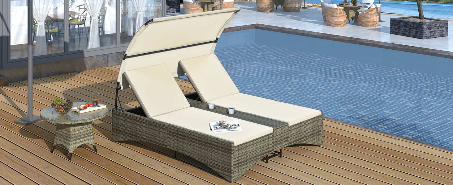 Patio Daybed Outdoor Rattan Sun Lounger with Shelter Roof