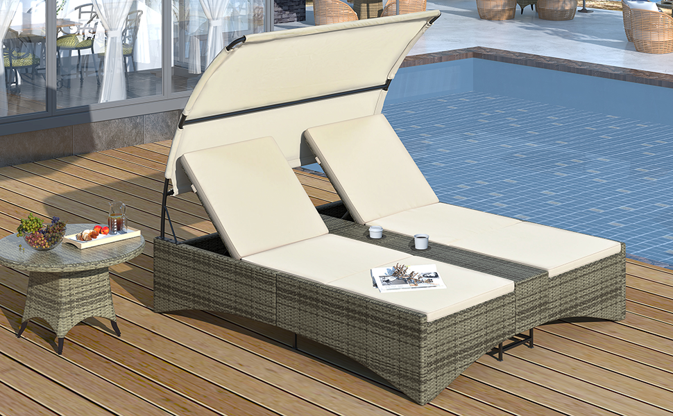 Patio Daybed Outdoor Rattan Sun Lounger with Shelter Roof