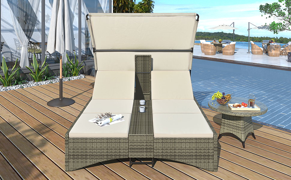 Patio Daybed Outdoor Rattan Sun Lounger with Shelter Roof