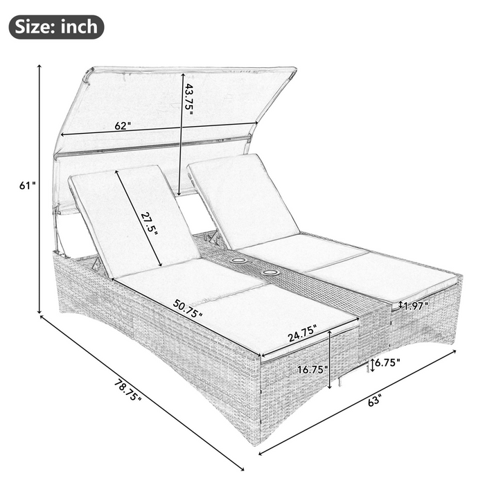 Patio Daybed Outdoor Rattan Sun Lounger with Shelter Roof - Grey