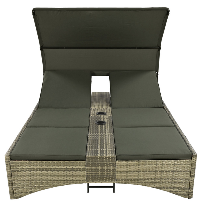 Patio Daybed Outdoor Rattan Sun Lounger with Shelter Roof - Grey