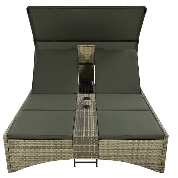 Patio Daybed Outdoor Rattan Sun Lounger with Shelter Roof - Grey