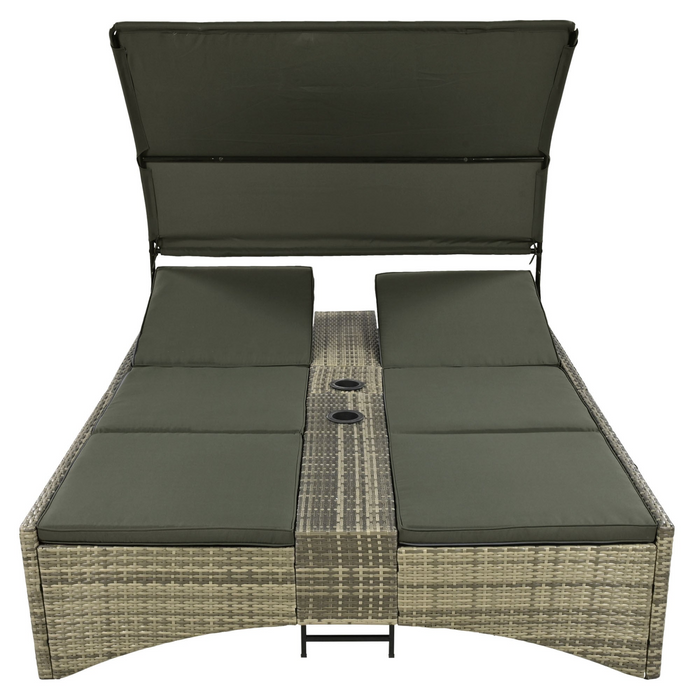 Patio Daybed Outdoor Rattan Sun Lounger with Shelter Roof - Grey