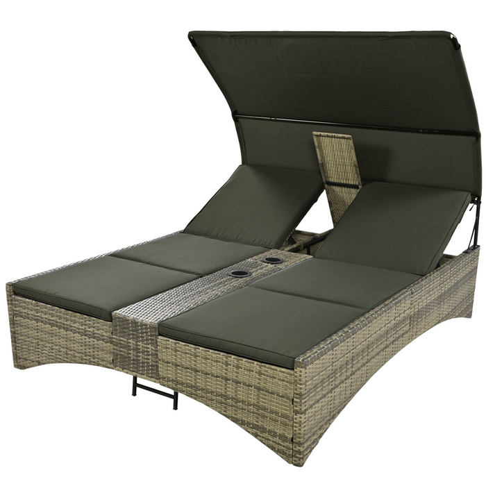 Patio Daybed Outdoor Rattan Sun Lounger with Shelter Roof - Grey