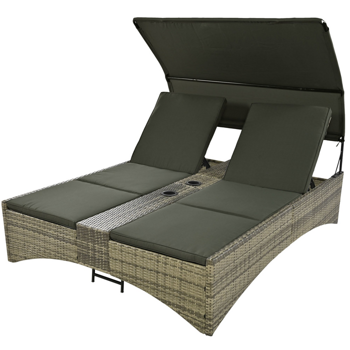 Patio Daybed Outdoor Rattan Sun Lounger with Shelter Roof - Grey