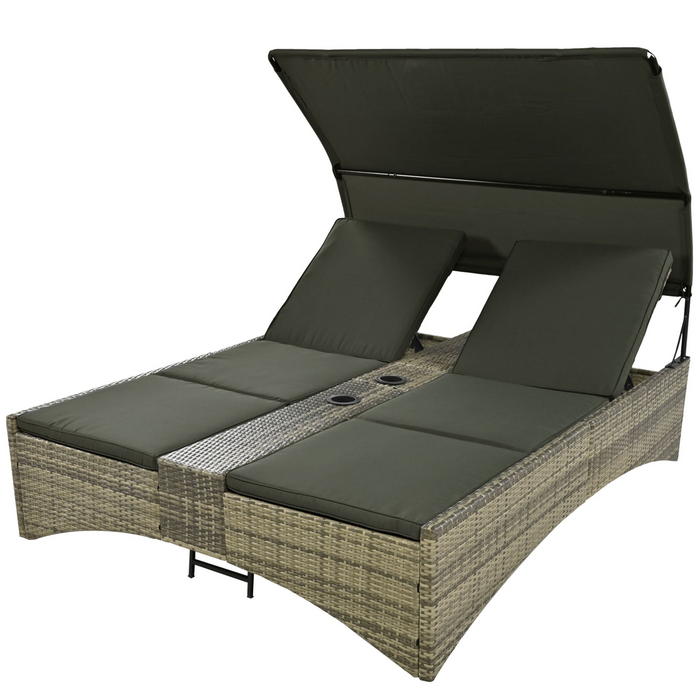 Patio Daybed Outdoor Rattan Sun Lounger with Shelter Roof - Grey