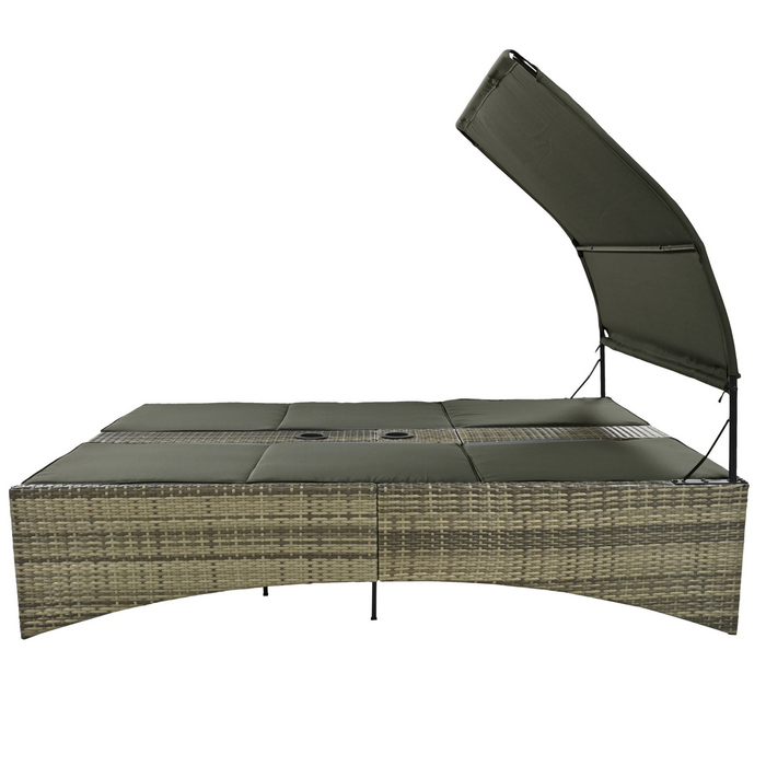 Patio Daybed Outdoor Rattan Sun Lounger with Shelter Roof - Grey