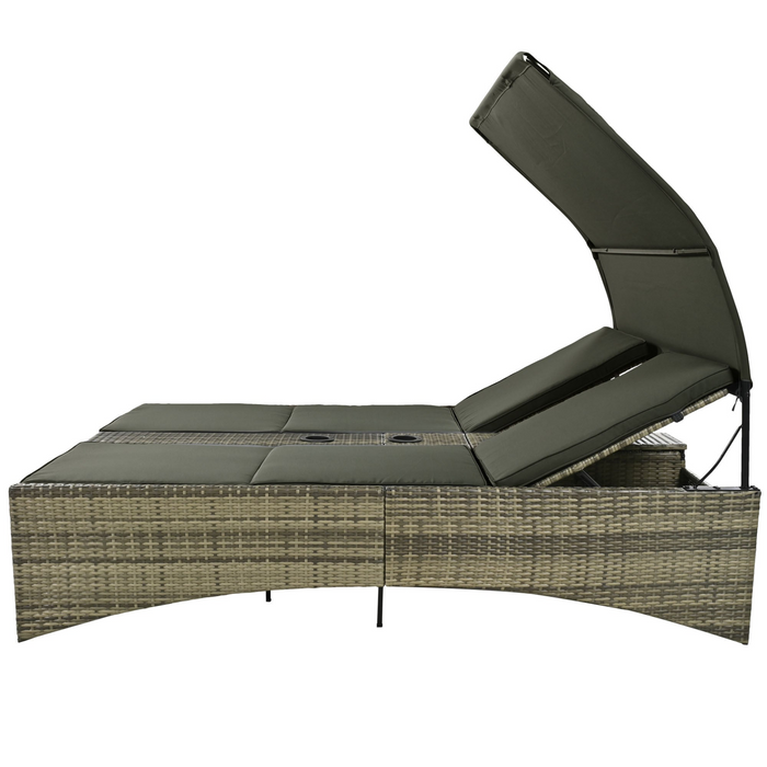 Patio Daybed Outdoor Rattan Sun Lounger with Shelter Roof - Grey