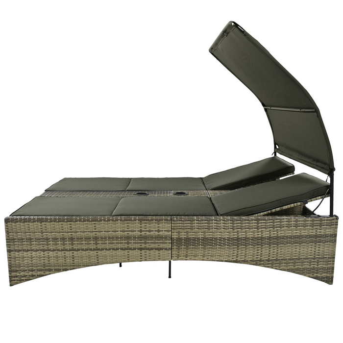 Patio Daybed Outdoor Rattan Sun Lounger with Shelter Roof - Grey