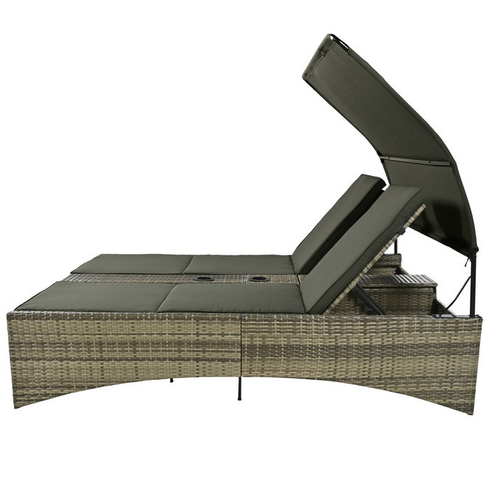 Patio Daybed Outdoor Rattan Sun Lounger with Shelter Roof - Grey