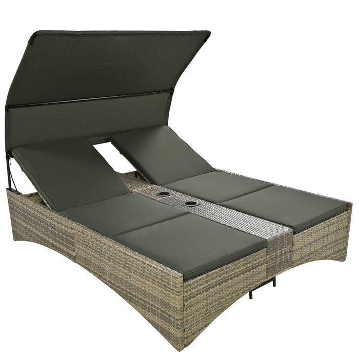 Patio Daybed Outdoor Rattan Sun Lounger with Shelter Roof - Grey