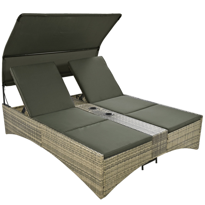 Patio Daybed Outdoor Rattan Sun Lounger with Shelter Roof - Grey