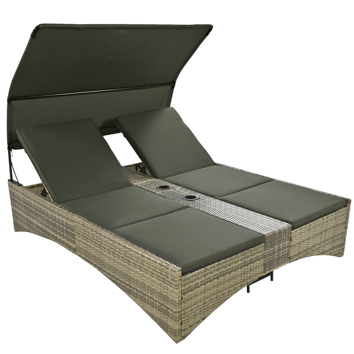 Patio Daybed Outdoor Rattan Sun Lounger with Shelter Roof - Grey