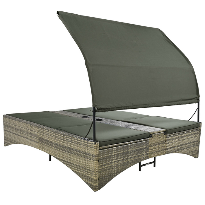 Patio Daybed Outdoor Rattan Sun Lounger with Shelter Roof - Grey